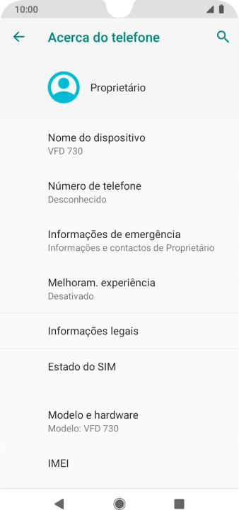 O código IMEI é mostrado no ecrã.