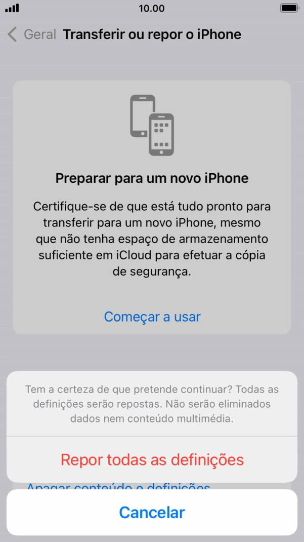 Prima Repor todas as definições. Aguarde um momento enquanto o telefone restabelece as definições originais. Siga as indicações no ecrã para configurar o telefone de modo que este fique pronto a ser utilizado.