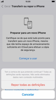 Prima Repor todas as definições. Aguarde um momento enquanto o telefone restabelece as definições originais. Siga as indicações no ecrã para configurar o telefone de modo que este fique pronto a ser utilizado.