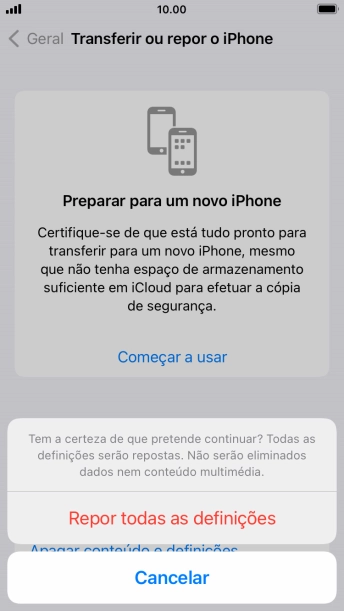 Prima Repor todas as definições. Aguarde um momento enquanto o telefone restabelece as definições originais. Siga as indicações no ecrã para configurar o telefone de modo que este fique pronto a ser utilizado.
