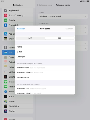 Prima Nome do host e introduza o nome do servidor de receção do fornecedor de e-mail.