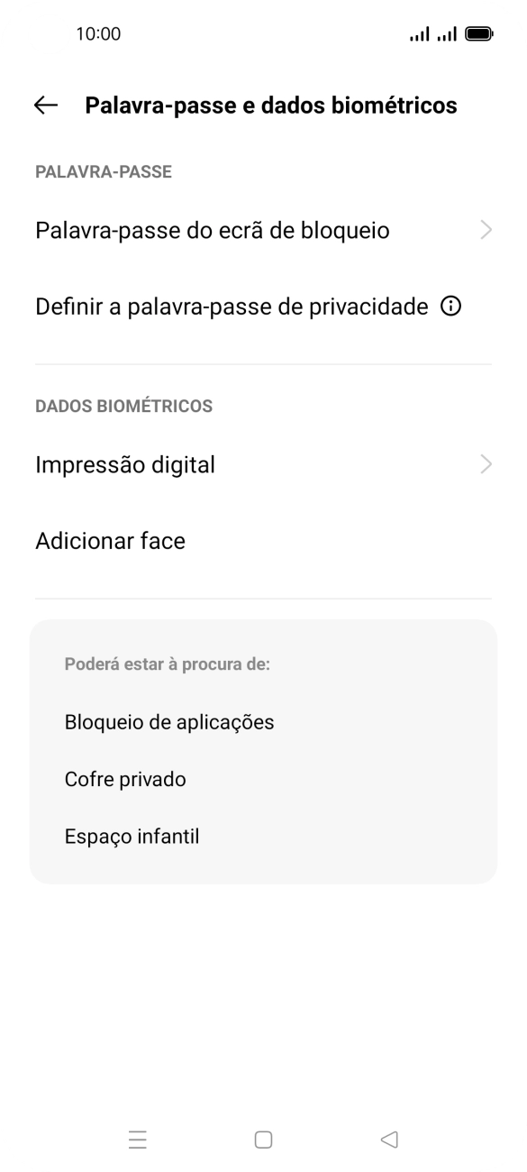 Prima Impressão digital e introduza o código adicional de bloqueio do telefone que criou anteriormente.