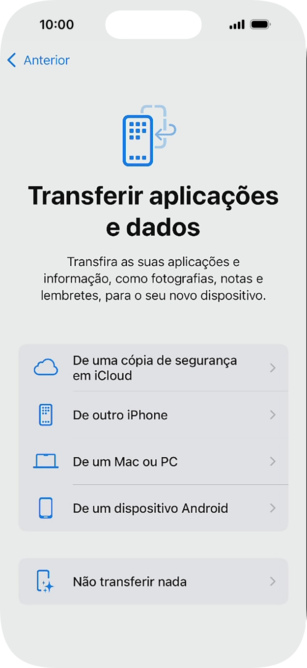 É possível transferir conteúdo de um telefone Android quando o telefone for ativado antes da primeira utilização e quando o telefone tiver sido reiniciado. Quando esta imagem for mostrada no ecrã, o telefone está pronto para transferir conteúdo de um telefone Android.
