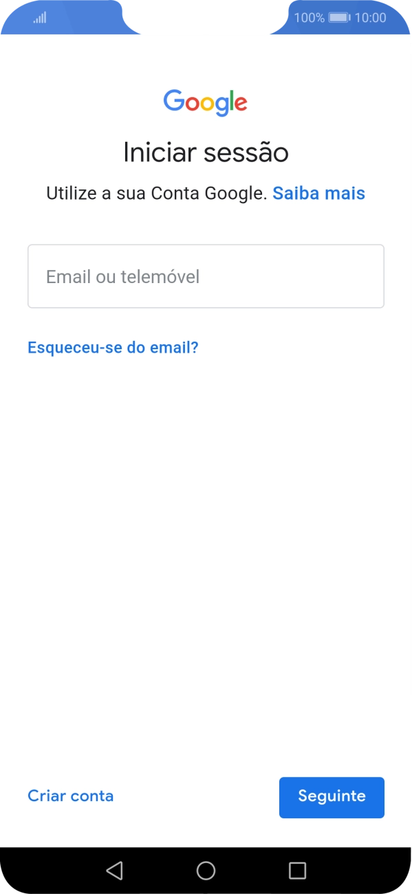 Se não tiver uma conta Google, prima Criar conta e siga as indicações no ecrã para criar uma conta.