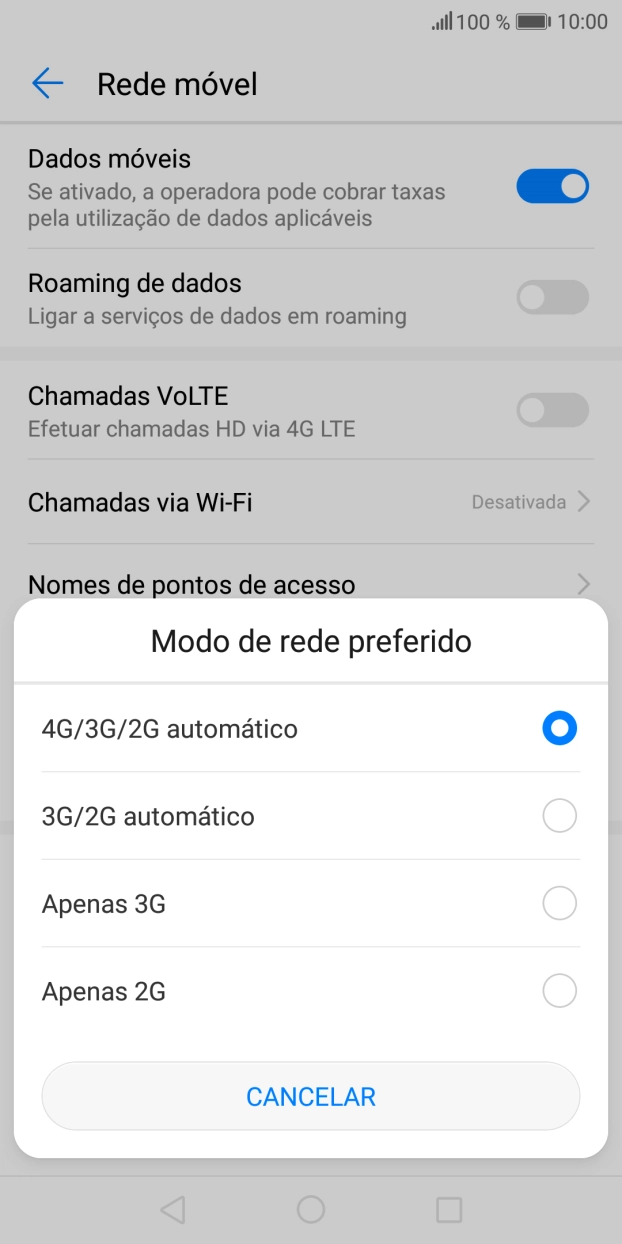 Prima o tipo de rede pretendido.
