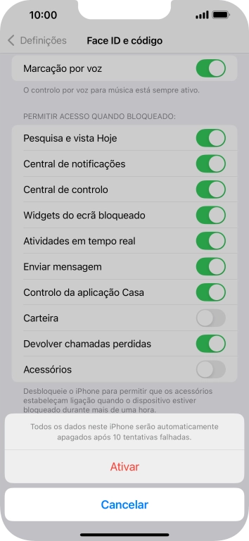 Se ativar a função, prima Ativar.