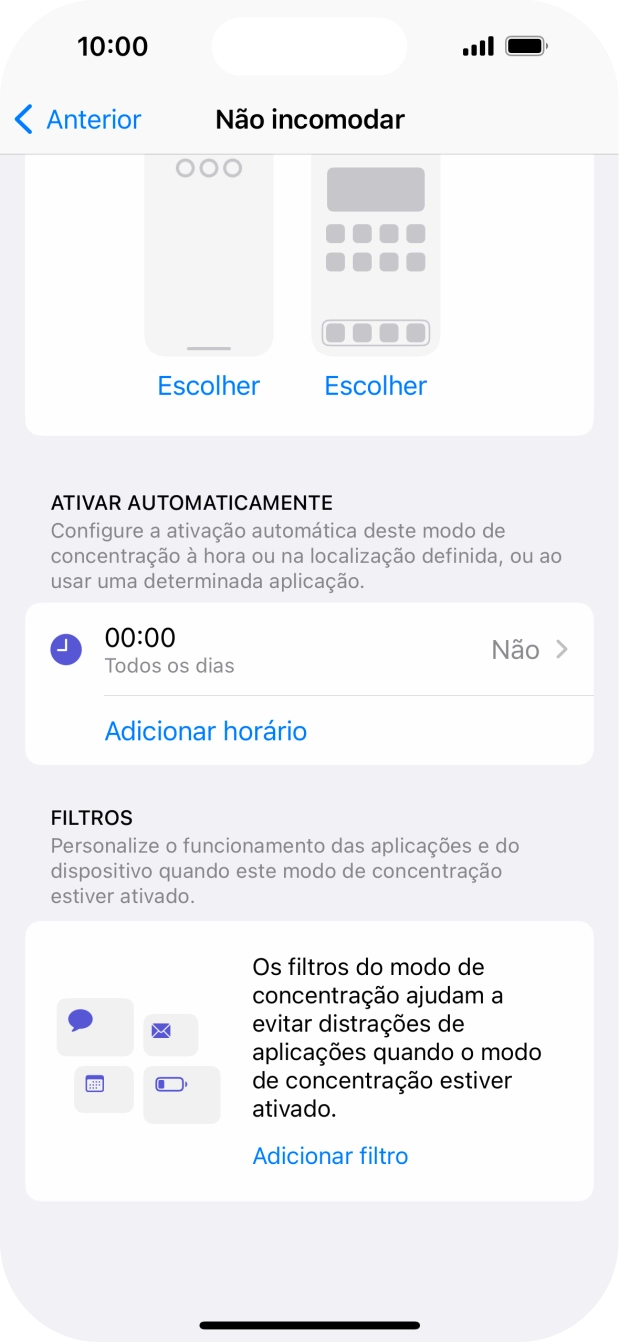 Prima Adicionar horário e siga as indicações no ecrã para escolher as definições para ativação automática da função 