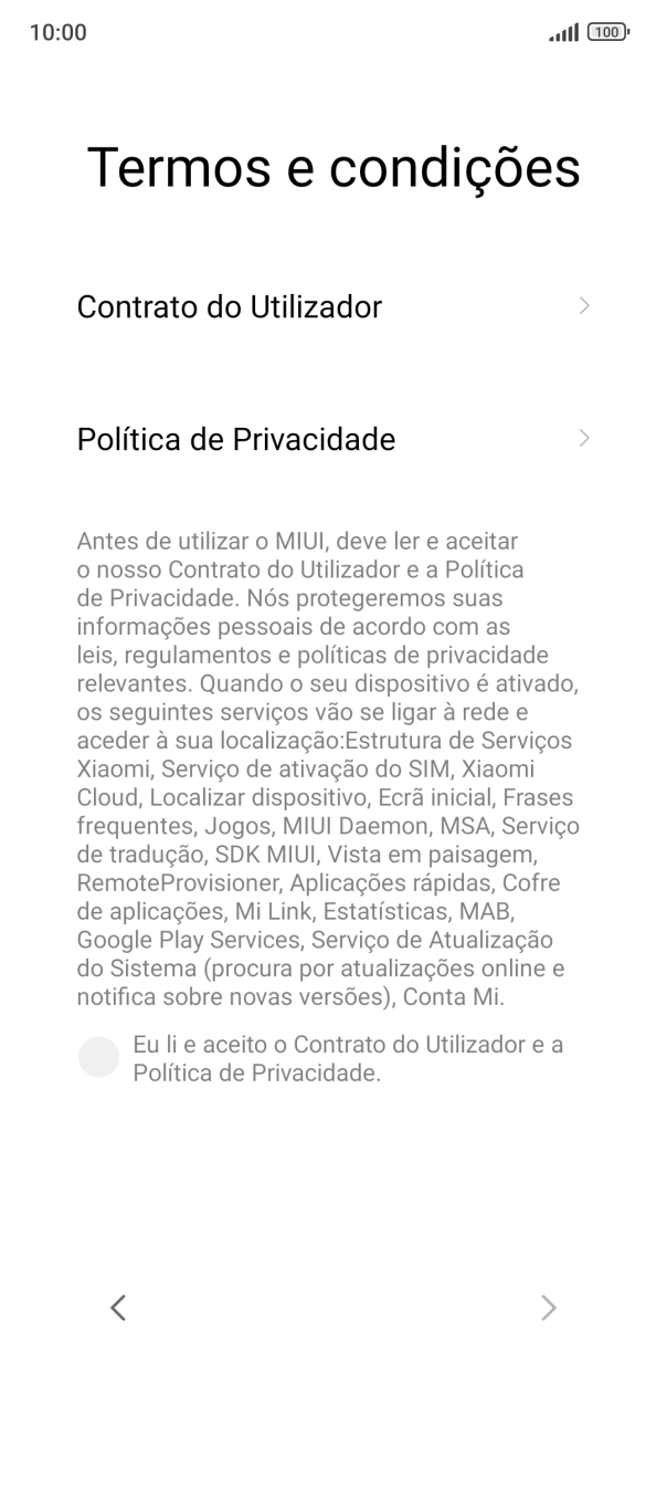 Prima o campo para aceitar os termos e condições.