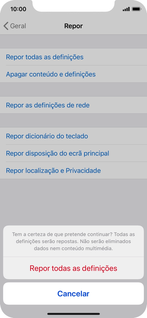 Prima Repor todas as definições. Aguarde um momento enquanto o telefone restabelece as definições originais. Siga as indicações no ecrã para configurar o telefone de modo que este fique pronto a ser utilizado.