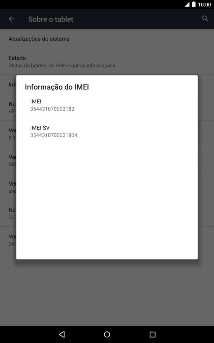 O código IMEI é mostrado no ecrã.