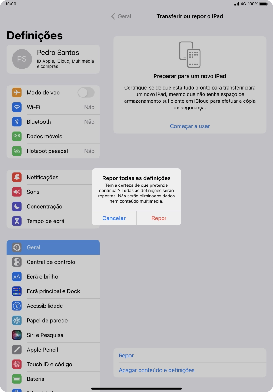 Prima Repor. Aguarde um momento enquanto o tablet restabelece as definições originais. Siga as indicações no ecrã para configurar o tablet de modo que este fique pronto a ser utilizado.