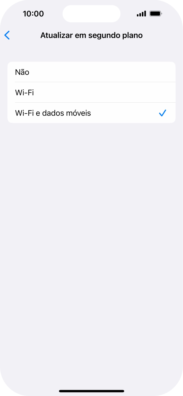 Para desativar a atualização de apps em segundo plano, prima Não.