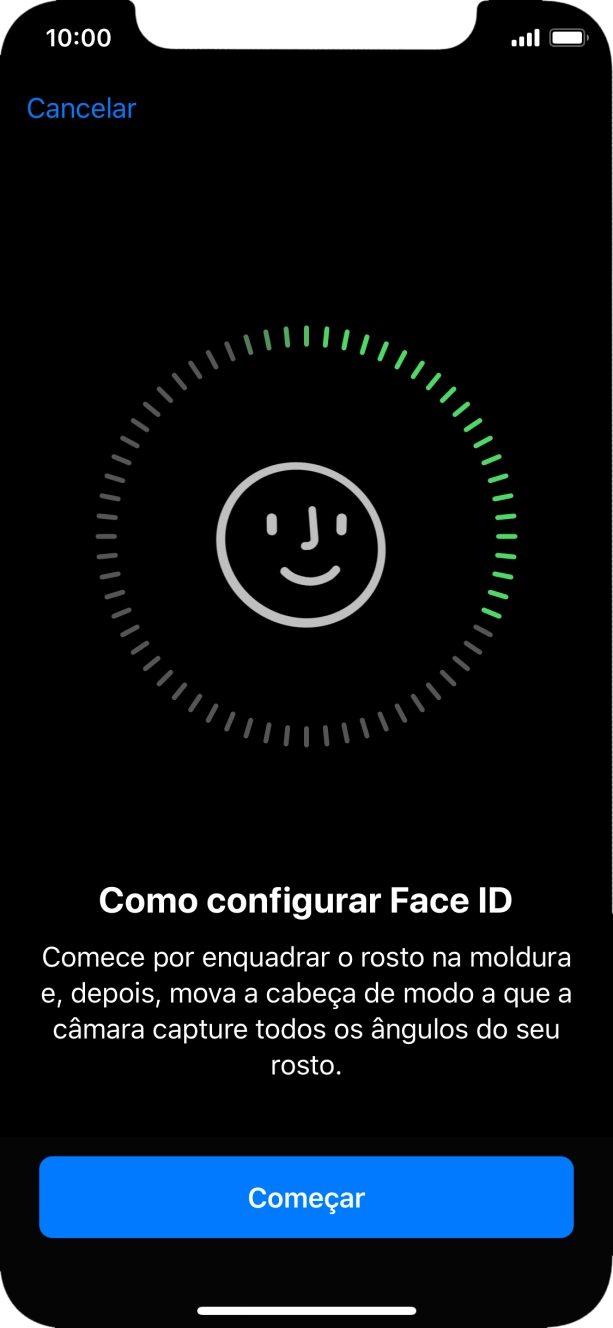 Prima Começar e siga as indicações no ecrã para estabelecer um código de reconhecimento facial (Face ID).