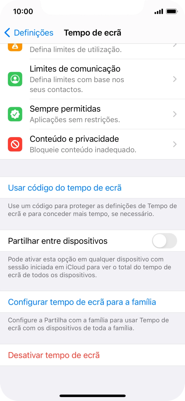 Prima Usar código do tempo de ecrã e siga as indicações no ecrã para escolher uma password para o Tempo de ecrã.