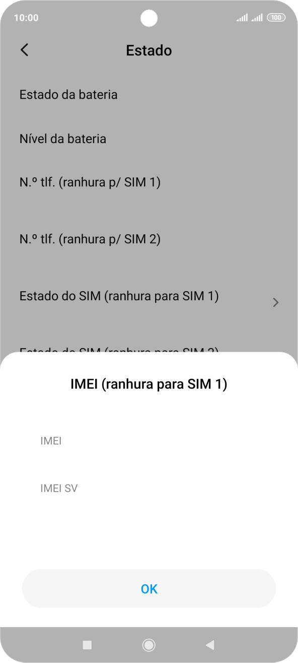 O código IMEI é mostrado no ecrã.