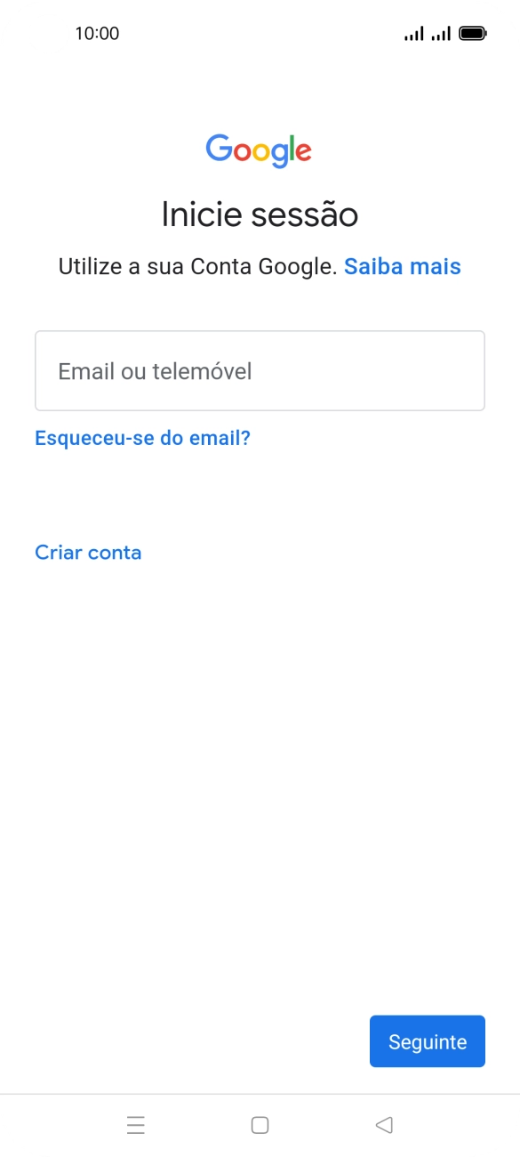 Se não tiver uma conta Google, prima Criar conta e siga as indicações no ecrã para criar uma conta.