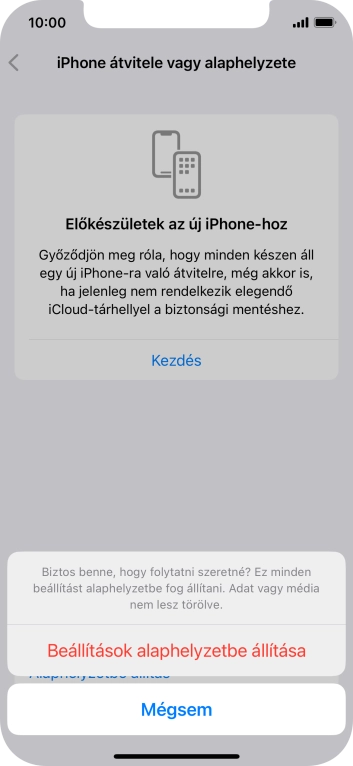 Válaszd a Beállítások alaphelyzetbe állítása lehetőséget. Várj egy kicsit, amíg a telefon visszaállítja a gyári beállításokat. A telefon konfigurálásához és ahhoz, hogy üzemkész állapotba hozd, kövesd a képernyőn megjelenő utasításokat.