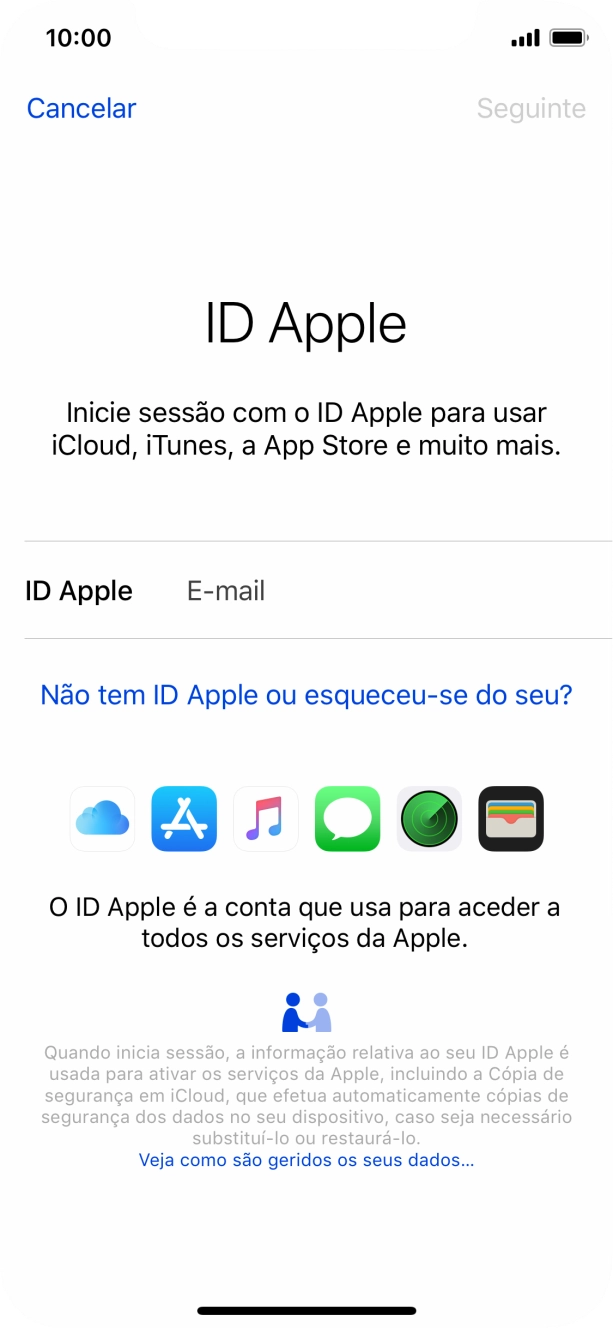 Se não tiver um ID Apple, prima Não tem ID Apple ou esqueceu-se do seu? e siga as indicações no ecrã para criar um ID Apple.
