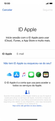 Se não tiver um ID Apple, prima Não tem ID Apple ou esqueceu-se do seu? e siga as indicações no ecrã para criar um ID Apple.