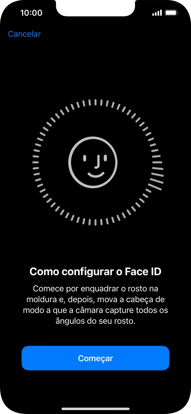 Prima Começar e siga as indicações no ecrã para estabelecer um código de reconhecimento facial (Face ID).