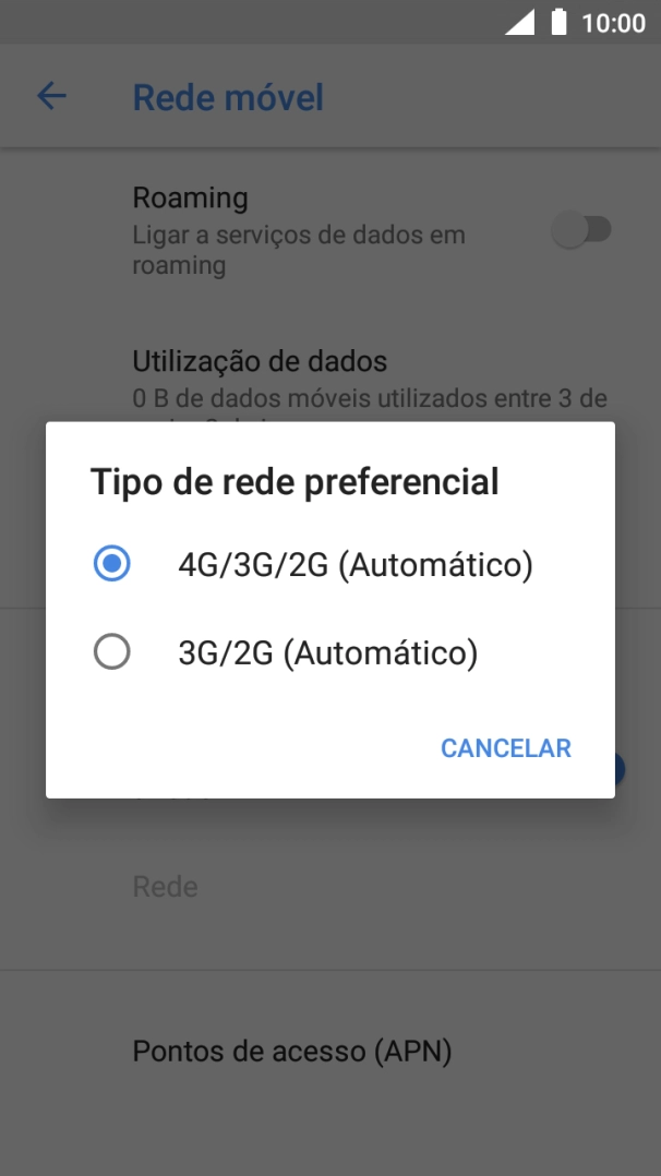 Prima o tipo de rede pretendido.