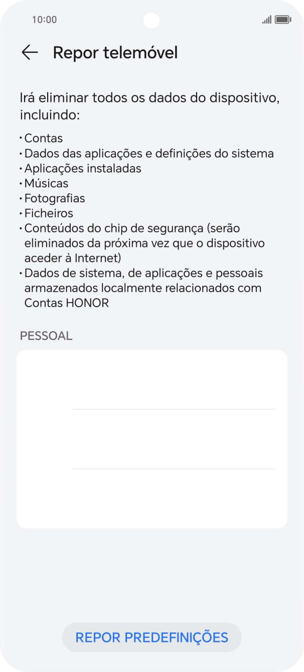 Prima REPOR PREDEFINIÇÕES.