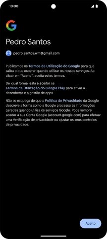 Prima Aceito e siga as indicações no ecrã para escolher as definições da conta Google.