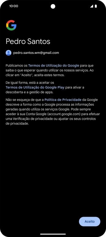 Prima Aceito e siga as indicações no ecrã para escolher as definições da conta Google.