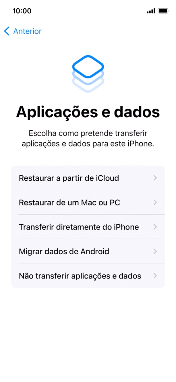 É possível restaurar conteúdo a partir de uma cópia de segurança em iCloud, quando o telefone for ativado antes da primeira utilização e quando o telefone tiver sido reiniciado. Quando esta imagem for mostrada no ecrã, o telefone está pronto para restaurar conteúdo a partir de uma cópia de segurança em iCloud.