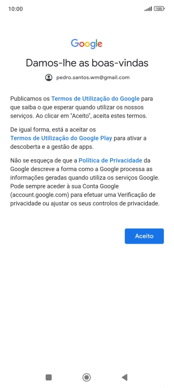Prima Aceito e siga as indicações no ecrã para escolher as definições da conta Google.