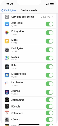 Prima o indicador junto das aplicações pretendidas para ativar ou desativar a função.