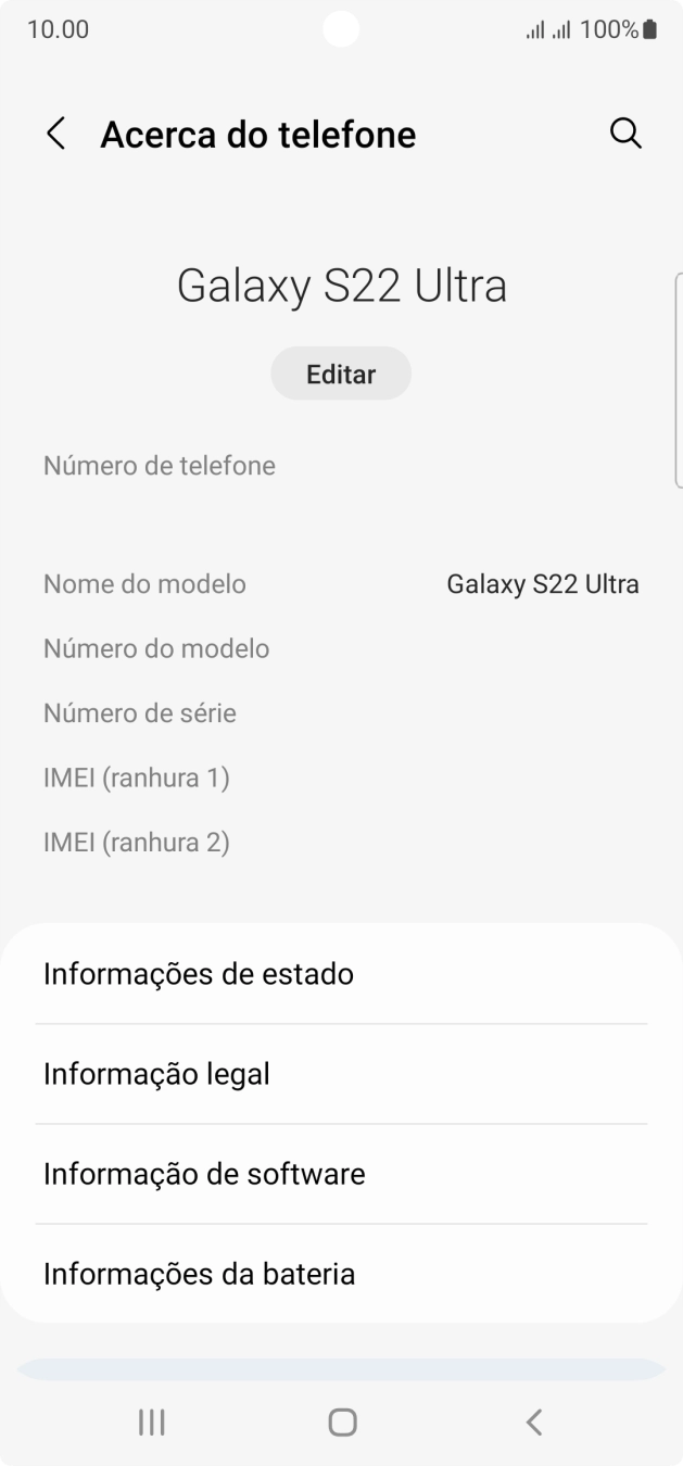 O código IMEI é mostrado no ecrã.