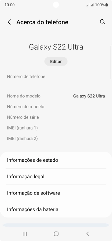 O código IMEI é mostrado no ecrã.