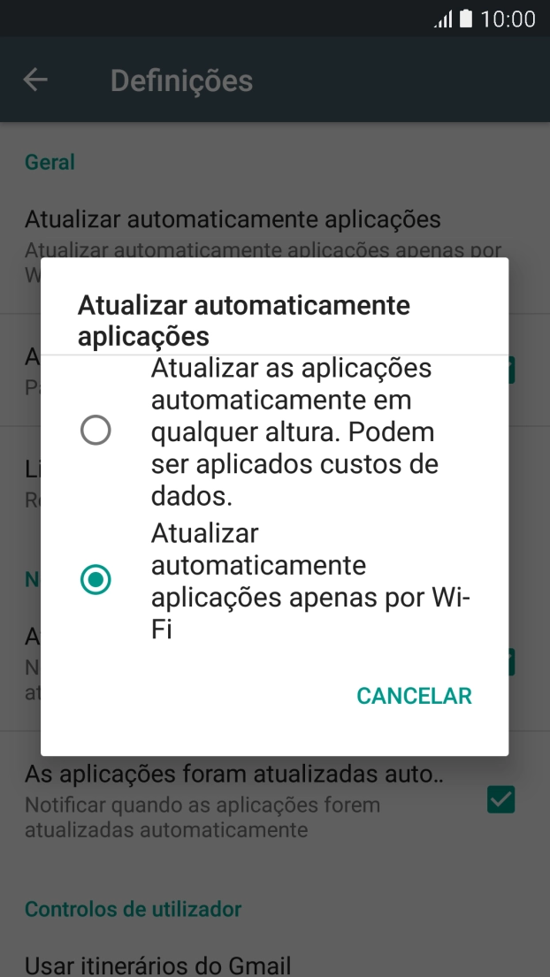 Prima Atualizar automaticamente aplicações apenas por Wi-Fi para ativar a função.