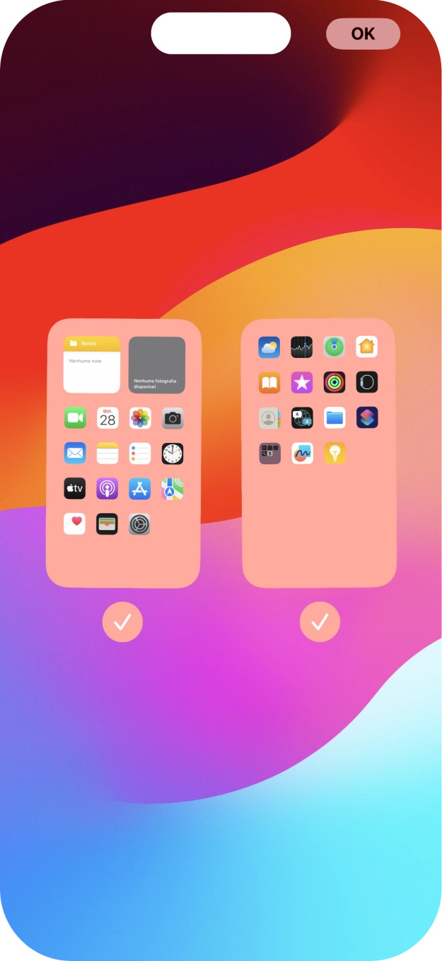 Prima os campos sob as páginas do ecrã inicial pretendidas, para ativar ou desativar a exibição de páginas.