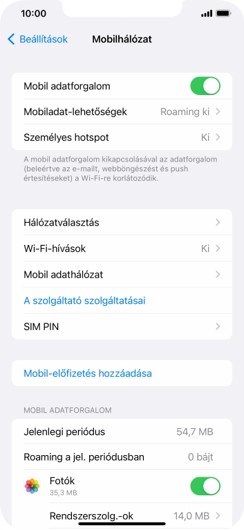 Kattints a „Mobil adatforgalom” melletti csúszkára a funkció be- vagy kikapcsolásához.