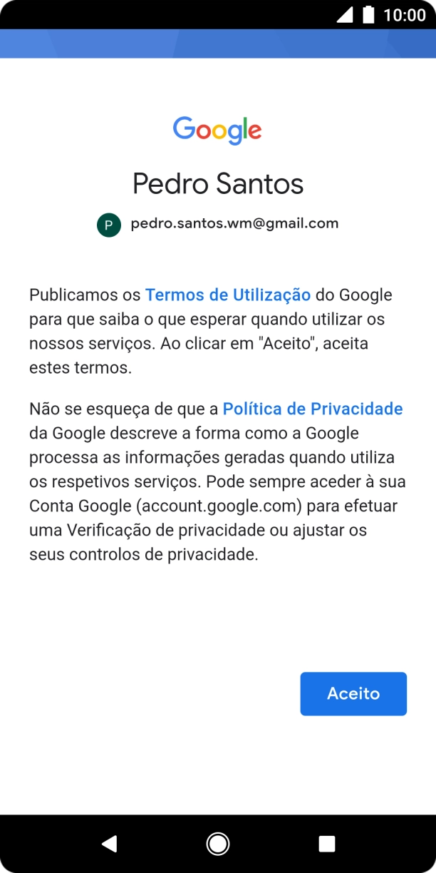 Prima Aceito e siga as indicações no ecrã para escolher as definições da conta Google.