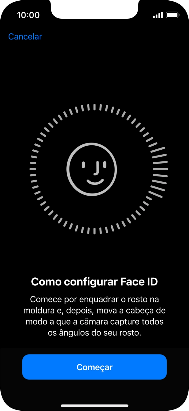 Prima Começar e siga as indicações no ecrã para estabelecer um código de reconhecimento facial (Face ID).
