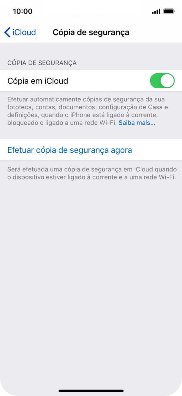 Prima Efetuar cópia de segurança agora e aguarde enquanto é efetuada a cópia de segurança do conteúdo da memória do telefone.