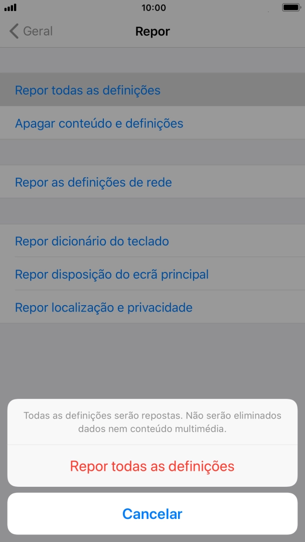 Prima Repor todas as definições.