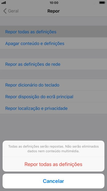 Prima Repor todas as definições.