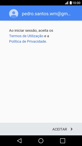 Prima ACEITAR e siga as indicações no ecrã para escolher as definições da conta Google.