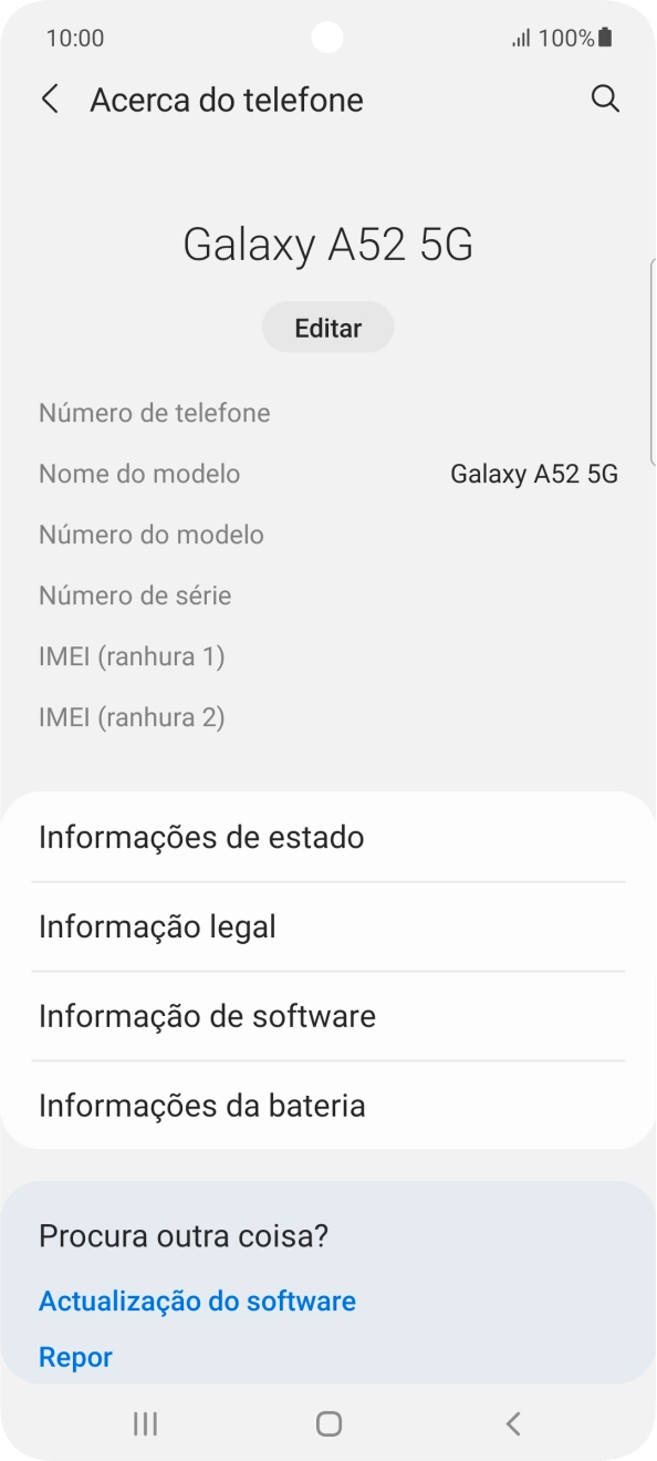 O código IMEI é mostrado no ecrã.