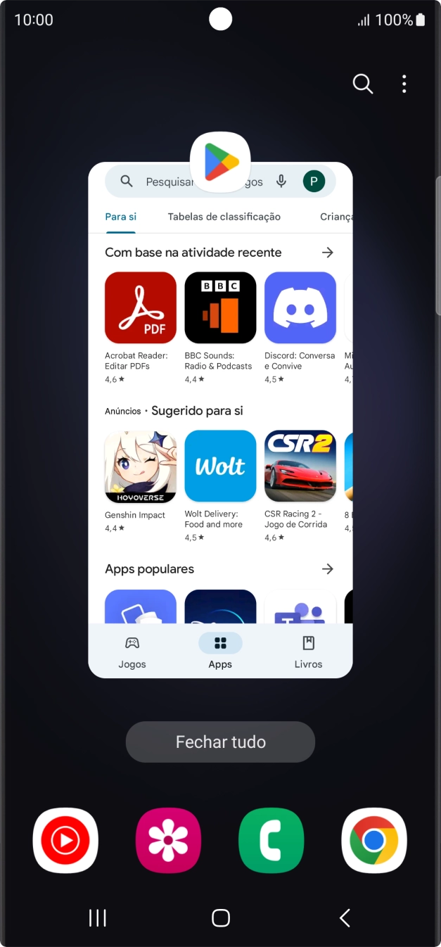 Para terminar uma aplicação em curso, deslize o dedo para cima na aplicação pretendida.