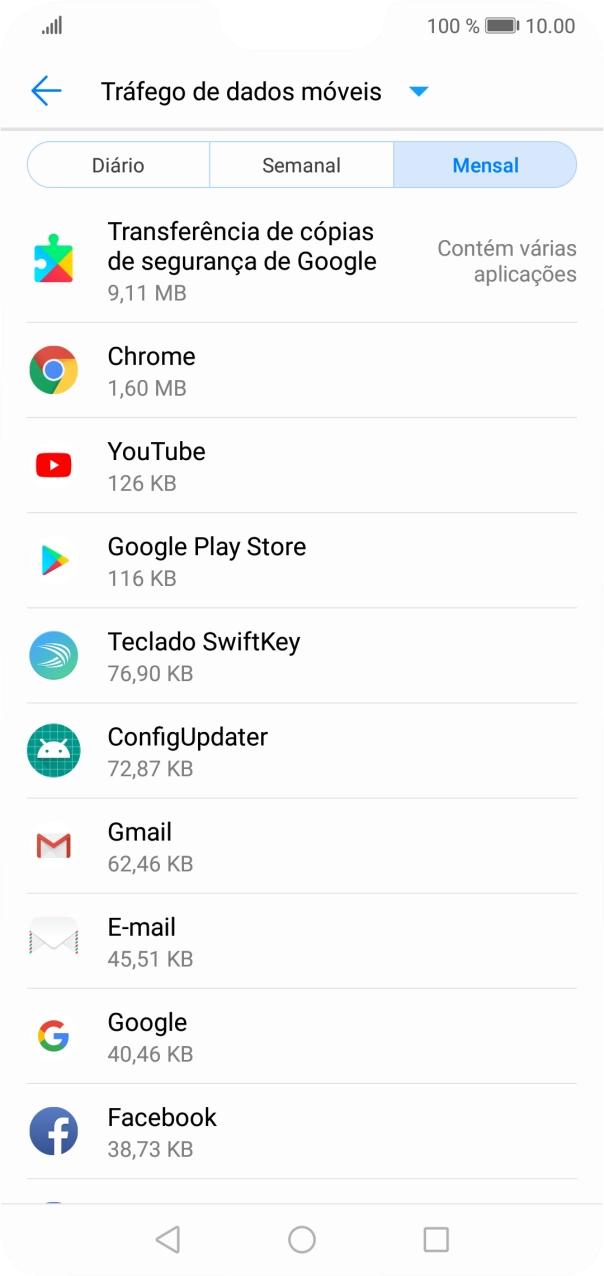 O consumo de dados de cada aplicação é mostrado sob o nome da aplicação.