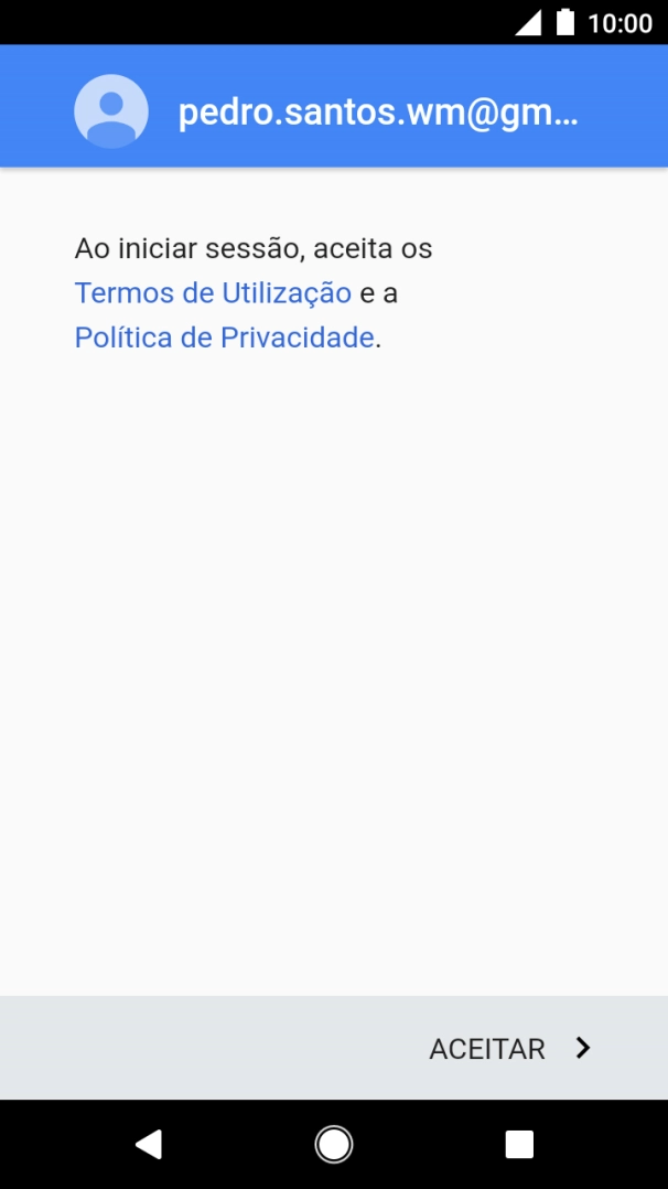 Prima ACEITAR e siga as indicações no ecrã para escolher as definições da conta Google.