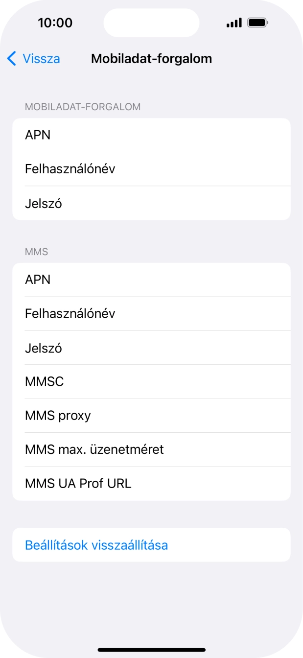 Válaszd az APN lehetőséget. Amennyiben előfizetésed van, írd be azt, hogy mms.vodafone.net.