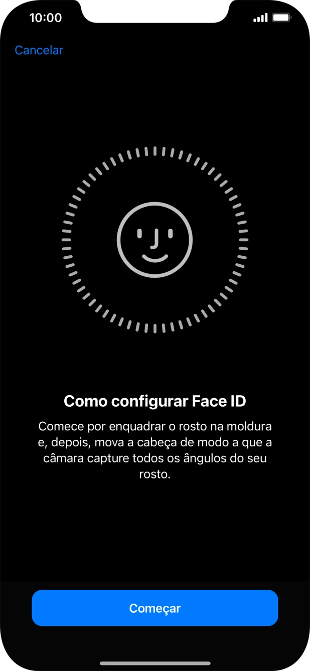 Prima Começar e siga as indicações no ecrã para estabelecer um código de reconhecimento facial (Face ID).