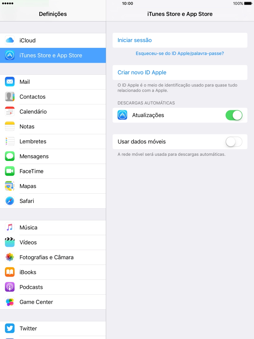 Se não tiver um ID Apple, prima Criar novo ID Apple e siga as indicações no ecrã para criar um ID Apple.