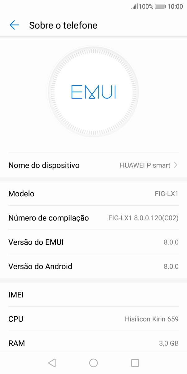 O código IMEI é mostrado no ecrã.